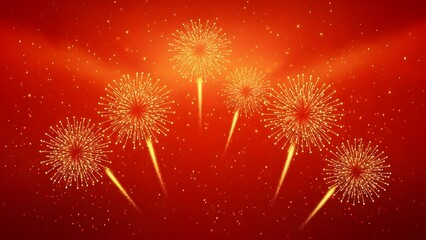 Brilliant golden fireworks display illuminating a vibrant red night sky with sparkling particles