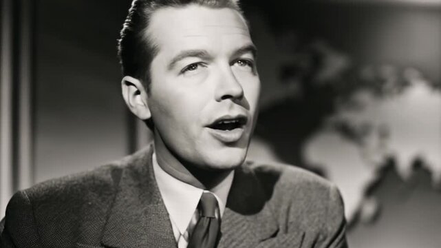 Vintage black and white photo of news anchor concept. A male presenter in a suit sits at a news desk with a world map backdrop. 