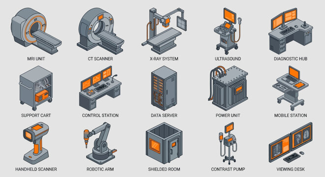 Isometric Medical Imaging and Diagnostic Equipment Icon Set, 3D Vector Graphics for Healthcare Technology, Hospital Infrastructure, and Industrial Automation in Modern Gray and Orange Style