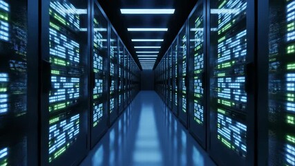 Seamless loop camera fly-through of a futuristic dark data center corridor with blinking blue and green server rack lights. - Powered by Adobe