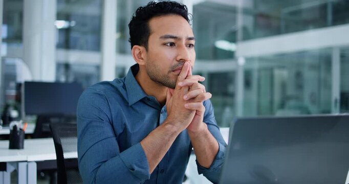 Financial advisor, decision and man in office, laptop and contemplation with account mistake. Person, thinking and investor in workplace, pc and review for finance report, doubt and risk management