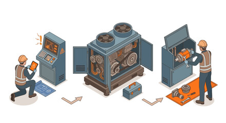 Naklejka premium Isometric Industrial Maintenance and Repair Scene with Technicians Fixing Factory Machinery, Troubleshooting Control Panel, and Engineering Workflow for Smart Manufacturing and Technical Support
