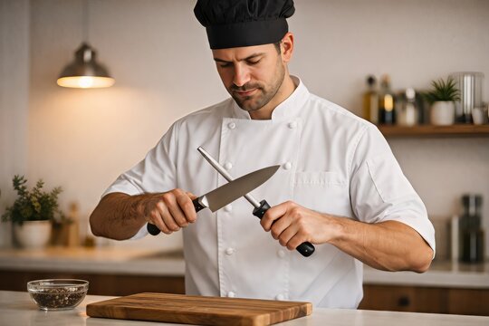 Culinary precision showcased as a male chef sharpens a high quality knife with a honing rod against a wooden cutting board in a contemporary kitchen environment