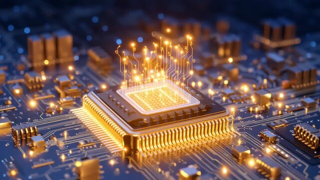 Futuristic Computer Microchip with Glowing Connections and Data Transfer, High-Tech Digital Circuit Board Concept, Macro Close-Up View, Science and Technology Background