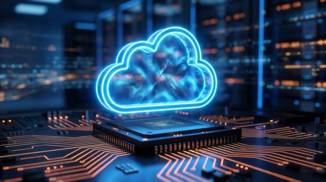 Glowing neon blue cloud computing symbol hovers above a central processing unit on a detailed circuit board