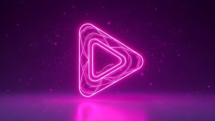 Vibrant pink play button icon glowing brightly in dark purple background