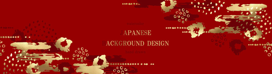 「赤色と金箔のポップな和風背景デザイン。抽象的な雲とドット柄の手描き水彩素材。」ベクター、イラスト