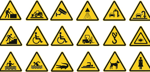 Collection of yellow triangular warning signs, industrial safety icons, caution symbols for construction, security surveillance, hazard alerts, work site signage, and public information. © Shilpi