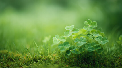 Patricks day luck clover symbol on green grass background. Saint Patricks holiday celebration, nature plant theme for greeting card.