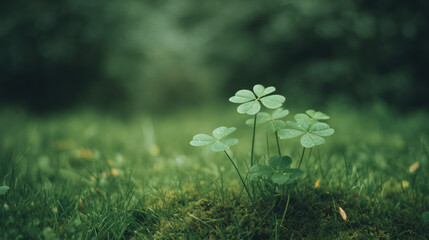 Four leaf clover growing in lush green grass on St Patrick day for luck and success concept, spring season.
