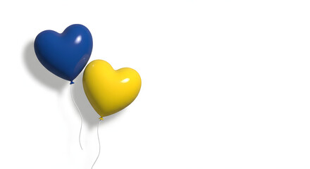 two heart shaped balloons in blue and yellow colors floating against a white background representing the ukrainian flag colors national pride support and peace concept with copy space