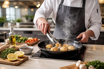 Professional chef skillfully preparing gourmet seafood dish in modern kitchen setting utilizing fresh ingredients and showcasing culinary artistry and precision