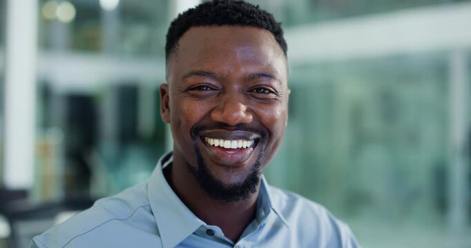 Face, finance director or black man with confidence in business office, professional or corporate career. Portrait, laughing or person with pride for company development, money management or smile