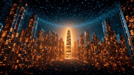 Futuristic cityscape with glowing skyscrapers under a starry sky, showcasing advanced technology and vibrant lights in a cyberpunk atmosphere, digital art image - Powered by Adobe