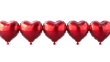Row of five red heart-shaped balloons on transparent background