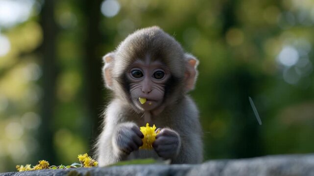 A young monkey sits by a stone, holding a flower while nibbling on it. The animal looks around, enjoying its surroundings. Sunlight shines through the trees, highlighting the moment