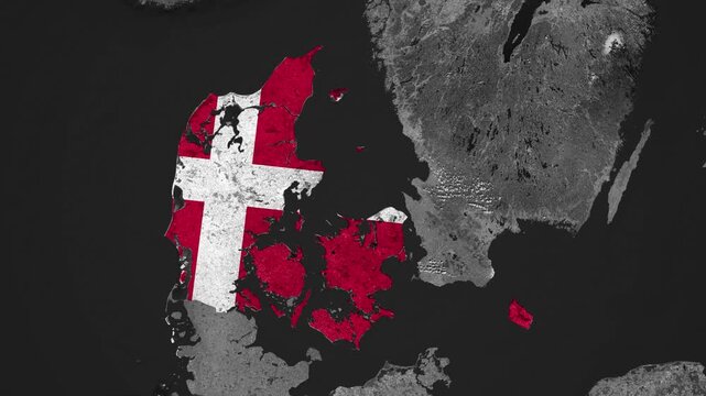 Zoom from Earth to Denmark. (Country Flag) Documentary dark map animation with highlighted country borders. 3d satellite world map animation highlights aerial views, tourism, and travel. 4k