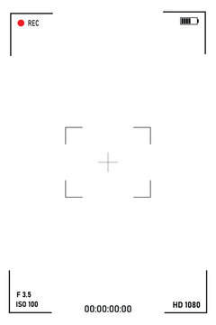 Vertical camera viewfinder. Viewfinder camera recording. Video screen, camera frame vector template. Black lines and text, rec icon with information and timing on white background.