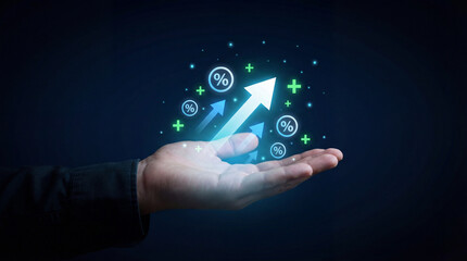Business growth financial success investment concept profit increase return investment upward arrow glowing human hand
