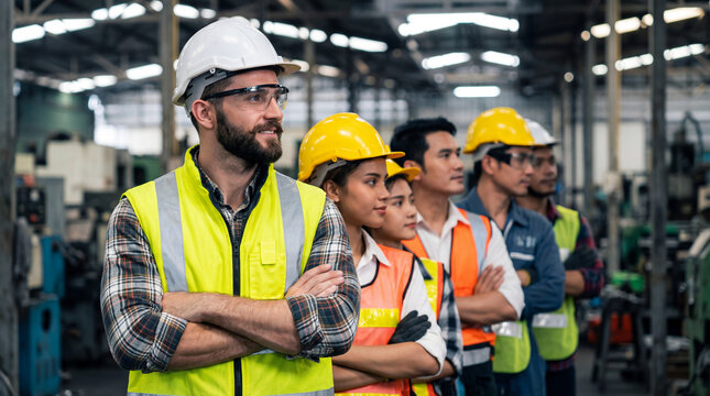 Confident industrial worker team safety helmet uniform factory