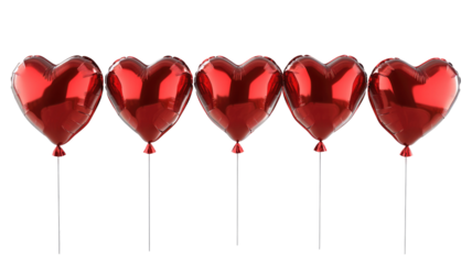 Five red heart-shaped balloons on transparent background