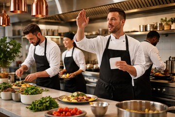 Collaborative culinary creativity in a bustling kitchen environment showcasing chefs preparing gourmet dishes with precision and teamwork exuding culinary artistry and passion