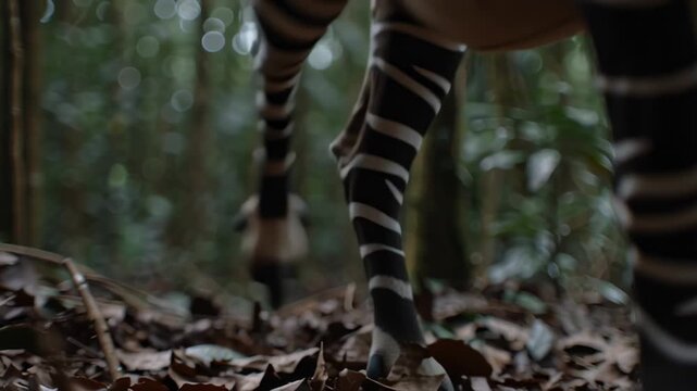 An animal moves quietly through a dense forest, looking for food among the leaves and trees. It has unique markings and appears focused on its surroundings