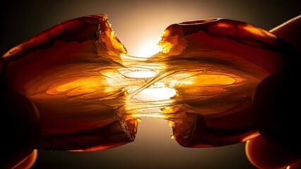 Close up of amber resin connecting two halves of a date, symbolising Ramadan traditions and food