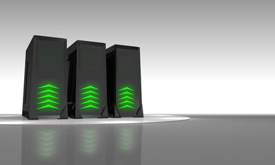 Three server computers with glowing green indicators standing on a reflective surface