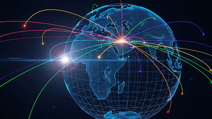 Fintech 3d data visualization connecting the globe with vibrant digital network lines originating from a bright central point.