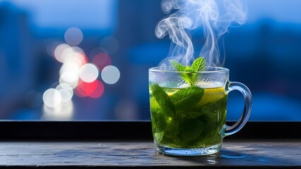 A comforting cup of steaming hot mint tea, a delightful and refreshing beverage perfect for breaking fast during Ramadan evenings or quiet contemplation