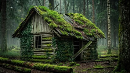 Moss-covered cabin in misty forest with ivy-clad wood and fern-strewn ground in serene woodland setting