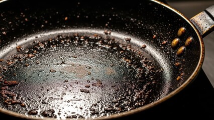 Close-up view of a greasy cast iron pan with burnt residues and seasoning on a stovetop kitchenware equipment