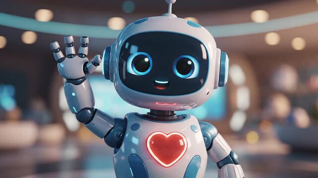 Friendly robot waving hello with a heart on its chest, symbolizing love and connection in a futuristic setting