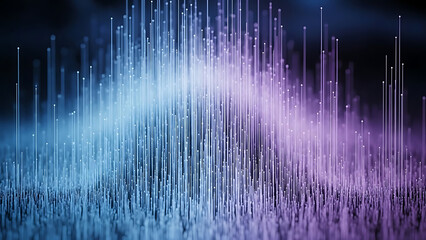 Fintech 3d data visualization abstract background with glowing particles and vertical lines in blue and purple gradients.