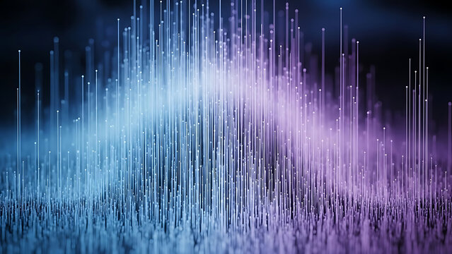 Fintech 3d data visualization abstract background with glowing particles and vertical lines in blue and purple gradients. - Powered by Adobe