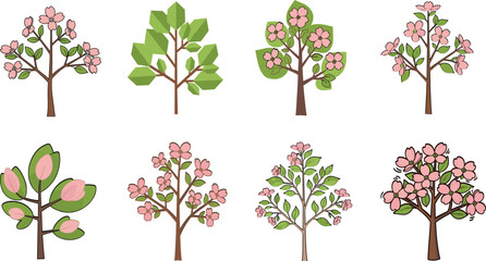 Obraz premium Flowering tree illustration, spring blossoms, botanical sketch, nature vector, garden design, pink flowers, seasonal art, foliage drawing, tree set, floral elements