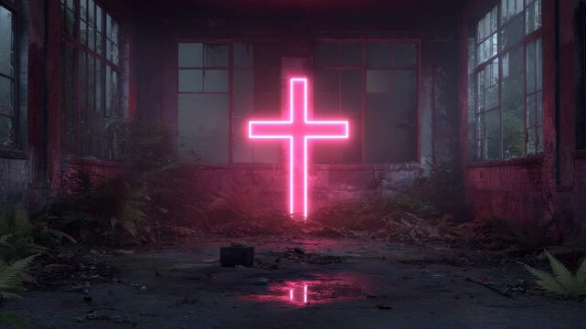 Neon pink cross illuminating dilapidated industrial space with overgrown plants