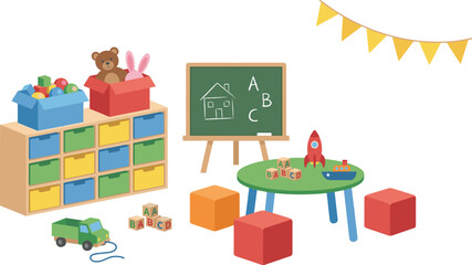 Colorful kids classroom playroom illustration with toys blocks chalkboard table furniture learning education preschool nursery interior flat design vector cartoon children school creative background © Sawda's World