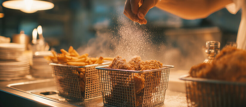 Close up of chef hands sprinkling salt or white seasoning on crispy fried chicken in a wire basket