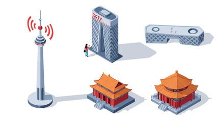 Fototapeta premium Iconic beijing architecture in isometric style featuring cctv tower and traditional pagodas