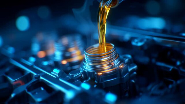 Close-Up of Engine Oil Pouring into Engine Component with Mechanical Details, Highlighting Automotive Industry, Maintenance, and Metal Textures