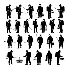 silhouettes of pest control workers in hazmat suits with spray tanks and traps. Bold solid black