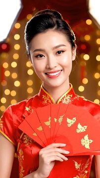 Commercial lifestyle realism of a model posing with Hongbao red envelopes and a warm smile. Close-up shot for Imlek celebration featuring a modern red dress