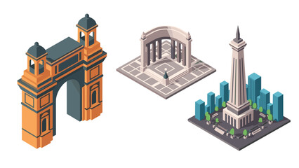 Isometric architectural landmarks collection featuring arched gates and monumental structures