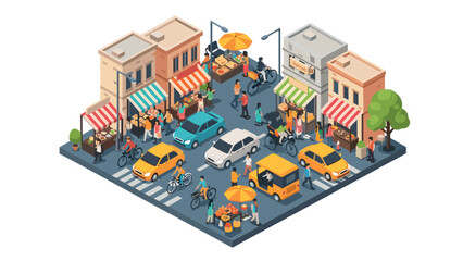 Vibrant cityscape with market and traffic in isometric illustration style