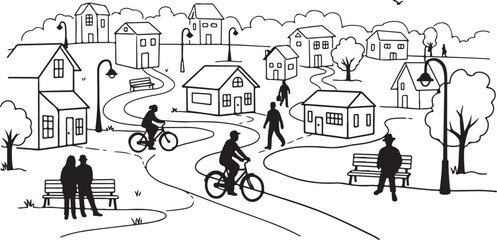 Naklejka premium Black and white illustration of a neighborhood scene