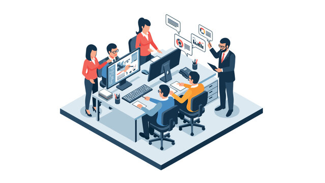 Collaborative team in modern office workspace analyzing data and strategies - Powered by Adobe