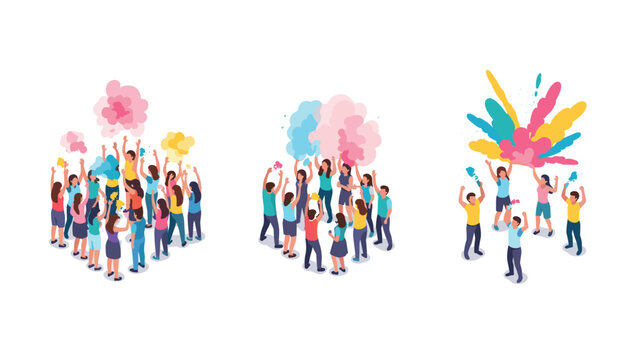 Celebratory crowd tossing colorful powder in joyful isometric scenes on white background