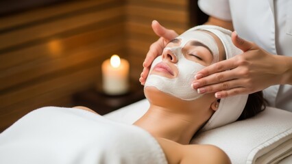 Young caucasian female receiving relaxing facial massage with clay mask in soothing spa environment with candlelight